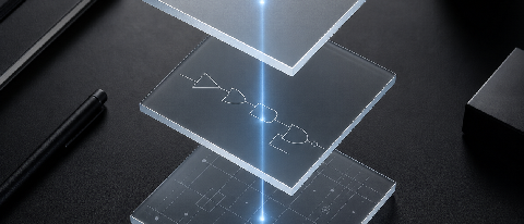 A conceptual editorial image showing a structured workflow from requirements to automation, represented by clean geometric layers and a focused path.
