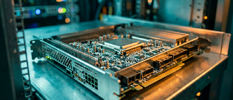 A detailed macro shot of a high-performance server chip module with complex circuitry, illuminated by cool blue and warm amber lighting to represent computation