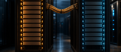 Two server racks side by side in a dim data center, one warm amber, one cool blue, connected by fiber cables.