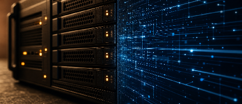 A conceptual split-screen composition showing a warm-toned server rack merging into a cool-toned digital network structure