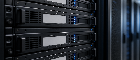 Server rack with blank labels and status lights