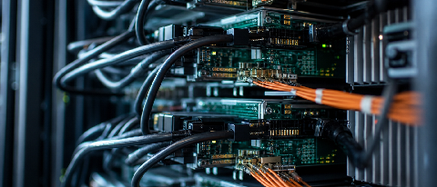 A detailed close-up of high-performance server rack internals with intricate cabling and cooling components