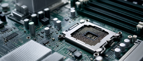 A detailed view of a complex circuit board with various components and connection points