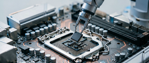 A detailed macro shot of a complex circuit board with a missing component being filled by a precise robotic arm, symbolizing the engineering effort to complete 