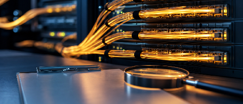 Editorial still life of a server rack connected by illuminated fiber optic cables, with a diagnostic clipboard and magnifying tool.