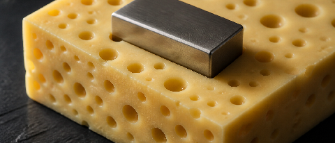 Swiss cheese with holes too small for a key, symbolizing fragmented memory blocks preventing allocation despite available space.