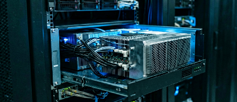 Inside a data center server rack with cables and heatsinks