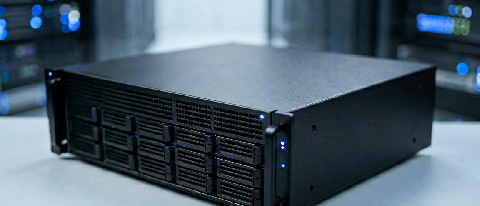 Close-up of sleek, dark server rack components with subtle blue LED indicators in a modern data center