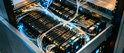 Abstract representation of complex data flow and server infrastructure symbolizing software optimization in AI computing