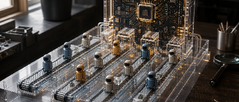 Editorial still life of a bench-scale smart factory model representing AI agents and orchestration.
