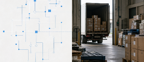 A split composition showing a clean digital route map overlaying a chaotic, congested physical loading dock.