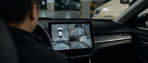 Driver in a parked car reviewing parking-lot incident footage on the dashboard screen.