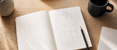 A minimalist desk setup featuring a notebook with hand-drawn flowcharts and a coffee cup, symbolizing organized technical planning.