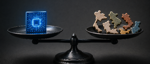 A stylized balance scale with a glowing AI chip on one side and a fragmented Southeast Asian map on the other.