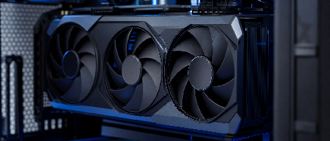 High-end graphics card inside a computer case with cooling fans