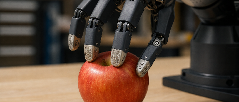 Editorial close-up of a robotic hand with tactile fingertips gently touching an apple on a workshop table, representing the gap between robot vision and touch s