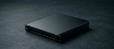 A sleek, minimalist server rack component being streamlined against a dark background