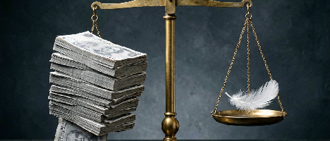 A balance scale with a heavy stack of paper tokens outweighing a small feather, symbolizing high cost for low return