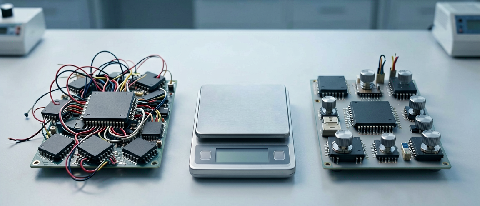 A controlled test bench scene with two AI model prototypes: one chaotic and merged, the other precise and fine-tuned, symbolizing the article's findings.