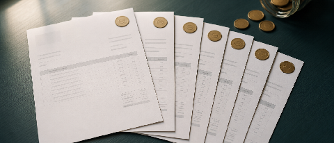 A desk with stacked invoices and small token-like discs, one invoice enlarged to show repeated line items.