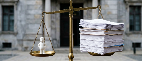 A heavy stack of official-looking compliance documents weighing down a small, fragile scale against a backdrop of blurred European architecture