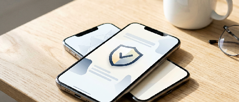 A close-up of a modern smartphone displaying a digital ID card with a subtle watermark icon, resting on a clean desk next to a coffee cup, symbolizing AI conten