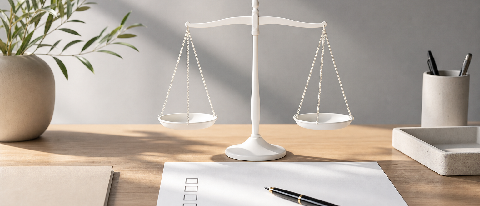 A minimalist desk scene showing a structured checklist and a balanced scale, symbolizing regulatory compliance and risk assessment.