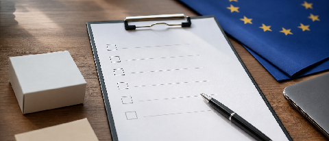 A desk with a clipboard checklist, two AI model boxes labeled Llama 4 and Mistral, and an EU document, representing AI compliance review.