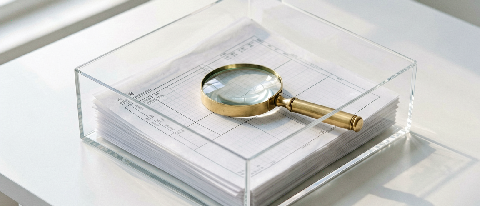A detailed editorial still life showing a transparent glass document folder containing organized files and a magnifying glass, symbolizing data audit and compli