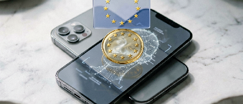Abstract representation of biometric data being scanned and restricted by a European regulatory seal
