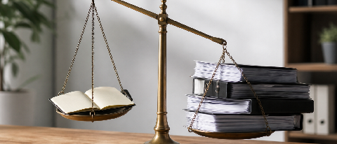 A balanced scale weighing a small notebook against a heavy stack of legal documents