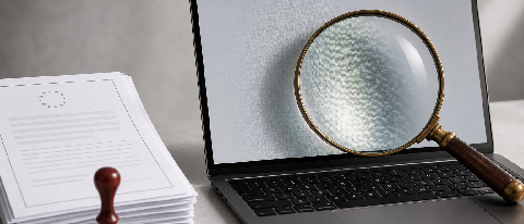 Editorial still life of a laptop surrounded by EU-style regulatory documents and a magnifying glass, symbolizing compliance scrutiny on SaaS AI features.