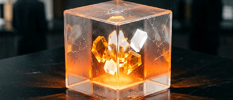 A translucent glass cube containing digital fragments resting on a dark surface, with visible stress fractures and a warm glow emanating from within, symbolizin