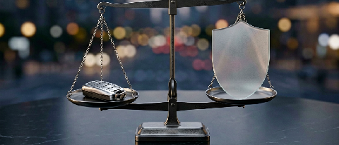 A conceptual editorial image showing a balance scale with a car key on one side and a shield on the other, set against a blurred urban backdrop.