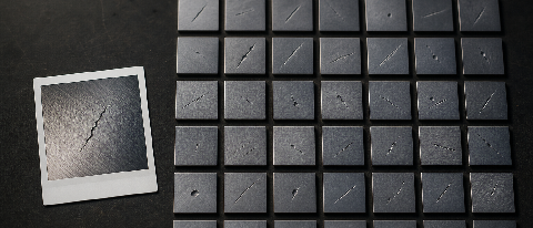 A timeline of metal surface micro-crack images evolving from a few real samples to a wall of generated synthetic defect tiles