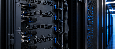 A modern, minimalist server rack interior with clean cabling and cool blue lighting, representing high-performance computing infrastructure.