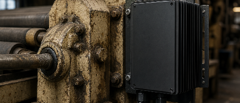 A rugged industrial edge computing box connected to an older factory machine in a workshop