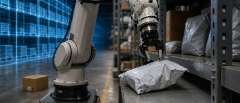 A warehouse robot arm pauses over a crumpled soft package on a metal shelf, with a blurred simulation grid fading behind it.