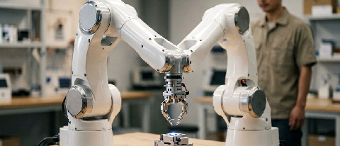 A robotic arm operating in a controlled factory environment alongside a human worker observing.