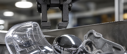 Robotic gripper over a mixed bin of transparent and reflective workpieces on a factory bench.