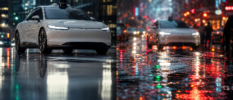A moody editorial shot of a modern electric vehicle navigating a rain-slicked intersection, emphasizing the reflection on the wet asphalt.