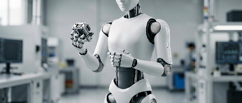 A sleek humanoid robot working on an assembly line