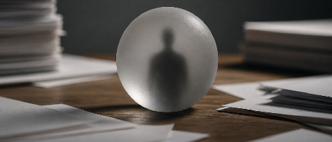 A translucent glass sphere containing a faint, indistinct silhouette, resting on a desk with scattered, blurred papers, symbolizing the opaque nature of AI trai