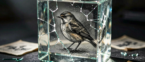 A cracked glass shield protecting a fragile sketch, symbolizing the difficulty of enforcing copyright against AI.