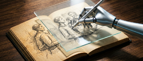 A stylized illustration depicting the tension between human creativity and AI generation in a legal context.
