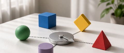 Four colored geometric blocks around a central silver pointer on a desk