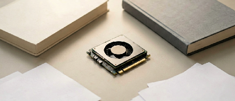 A compact GPU next to a law book on a desk, representing efficient fine-tuning of legal knowledge base.
