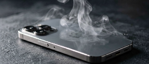 Close-up of a smartphone overheating with steam rising, symbolizing thermal throttling during AI inference