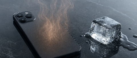 A smartphone emitting subtle heat waves next to a melting ice cube