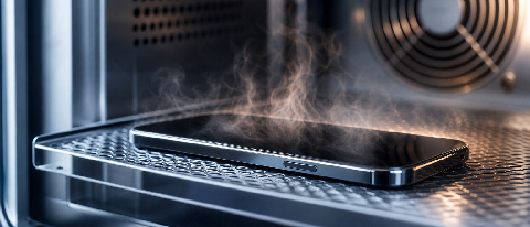 A modern smartphone undergoing a thermal stress test inside a professional laboratory chamber.